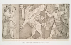 Basrelieffer ved indgangen til et lille tempel ved Nimroud [Calah], 1853