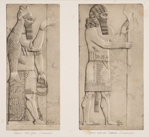 Fish God (Nimroud) og figur nær en indgang (Kouyunjik), fra Monuments of Nineveh, pub. 1849