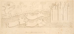 Flygtninge, der krydser en flod til et slot, fra Monuments of Nineveh, pub. 1849 af Austen Henry Layard