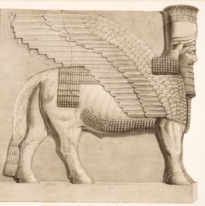 Menneskehovedet tyr og bevinget figur fra en port i muren omkring Kouyunjik, fra Monuments of Nineveh, pub. 1849