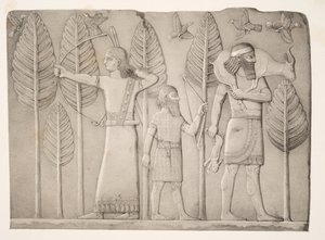 Jægere med Gazelle, hare og fugle (Khorsabad), fra Monuments of Nineveh, pub. 1849 af Austen Henry Layard