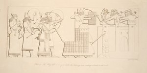 Kongen foran et belejret slot, slagramen, der laver et brud på murene, fra Monuments of Nineveh, pub. 1849 af Austen Henry Layard