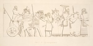 Kongen modtager fanger, fra Monuments of Nineveh, pub. 1849 af Austen Henry Layard