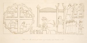 Det indre af et slot (en grundplan) og pavillon eller telt, fra Monuments of Nineveh, pub. 1849 af Austen Henry Layard