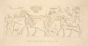 Kongens triumferende tilbagevenden fra kamp, fra Monuments of Nineveh, pub. 1849 af Austen Henry Layard