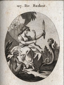 Alegori af mekanikken. Hun ser glad ud med en skygge og en dolk. Dens egenskaber er slangen med et menneskeligt ansigt, der ønsker svindel, aben, der er ondskabens emblem, og araignee, der hentyder til fælder. Gravering i "" Iconologie eller Idee af Austrian School