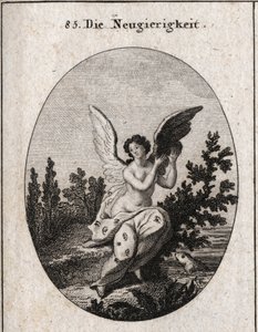 Allegorie de curiosite repræsenteret med et draperi prikket med ører og øjne Vingerne forhøjede Indgravering i "" Ikonologi eller ideer fra området af lidenskaber og allegorier figurativt repræsenteret for tegnere, malere, digtere, lærde, undervisere og af Austrian School