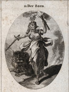 Allegori af vrede repræsenteret i en rastløs holdning, et bind for øjnene, et sværd og en fakkel i hænderne. Den er klædt med bjørneskind og løven bag den er furiositis. Gravering i "" Iconologie oder Ideen aus dem Gebiete der Leidenschaften und Allegorien af Austrian School