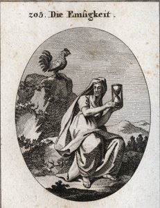 Allegori om fremmøde. Hun holder et sandur (timeglas) og sidder ved foden af en sten omgivet af en efeuplante. Hanen er dens egenskab, fordi fremmøde ikke eksisterer uden årvågenhed. Gravering i "" Iconologie oder Ideen aus dem Gebiete de af Austrian School