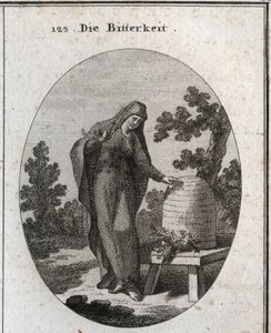Allegori om bitterhed. Hun ser trist på en absynthplante, der spirede i en honningkube. Indgravering i "" ikonologi eller ideer fra området passioner og allegorier afbildet for tegnere, malere, digtere, lærde, pædagoger og f.eks. af Austrian School