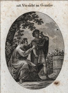 Allegori om forsigtighed, mens du nyder. En filosof advarer os om, at vinstokken frembringer tre slags druer: fornøjelsens druer, drukkenskabens og fordybelsens og galskabens. Gravering i "" Iconologie oder Ideen aus dem Gebiete der Leidenschaften und All af Austrian School