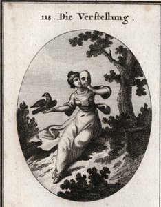 Allegori om fortielse. Hun dækker sit ansigt med en maske, emblem på den falske. Dens egenskab er en skate, både hvid og sort, og dens kærtegn blandes med næb. Gravering i "" Iconologie oder Ideen aus dem Gebiete der Leidenschaften und Allegorien af Austrian School