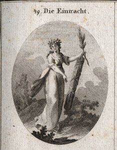 Allegori af enighed repræsenteret med en krone af granater emblem af foreningen. Olivengrenen og et symbol på fred og bjælken af værfter, der er tæt bundet sammen, markerer kraften i forenede kræfter. Gravering i "" Iconologie oder Ideen aus dem Gebiete de af Austrian School
