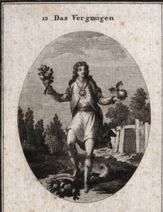 Allegori om tilfredshed repræsenteret af en ung mand, der holder et gyldent æble med den ene hånd og en buket blomster på den anden. De viser, at alt, hvad der omgiver ham, deltager i hans glæde, som er symboliseret ved, at rubinen stråler på hans bryst. D af Austrian School