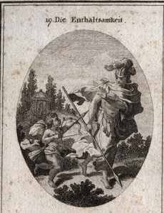 Allegori om kontinens, heroisk dyd repræsenteret som en kriger med en hjelm og et spyd vendt mod jorden. Hun undgår at bekæmpe lidenskaber (repræsenteret ved kærlighed) og forsvarer sig mod deres egenskaber for at bevare sin kyskhed. Indgravering i "" Icon af Austrian School