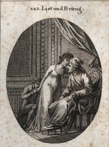 Allegori om list og bedrag. Udtryk: Hvem giver dig flere kærtegn end normalt, det er et tegn på, at han har været dig utro, eller at han vil bedrage dig. Gravering i "" Iconologie oder Ideen aus dem Gebiete der Leidenschaften und Allegorien bildich af Austrian School