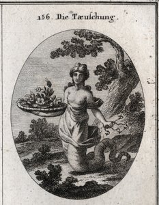 Allegori om bedrag. Blandt blomsterne i kurven er en slange. Hun har flere hamecons bag sig. Hendes ben ender i en slangehale for at vise, at hun kravler for at nå sine ender. Gravering i "" Iconologie oder Ideen aus dem Gebiete der Leidenschaf af Austrian School