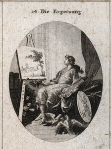 Allegori om nydelse repræsenteret af en ung mand, der holder en lyre i nærheden af et maleri med frugter, bøger, våben og to colombenter, der kærtegner hinanden, alt sammen symboliserer sansernes charme. Gravering i "" Iconologie oder Ideen aus dem Gebiete af Austrian School