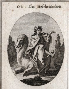 Allegori om skøn. Det lod, hun holder vinkelret, er attributten for korrekthed. Hun sidder på en kamel og knæler for at lette hendes tur. Indgravering i "" ikonologi eller ideer fra feltet af lidenskaber og allegorier afbildet for af Austrian School