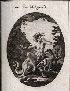 Allegori om misundelse i form af en meget grim gammel kvinde. I raseri bider hun sin næve, og en slange forsøger at bide hendes hjerte. Hun sidder på en hydra, et monster ligner hende. Gravering i "" Iconologie oder Ideen aus dem Gebiete der Leidenschaften af Austrian School