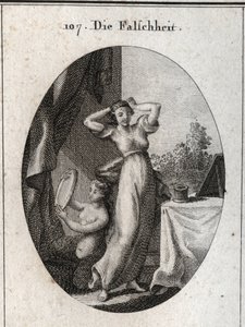 Allegori om falskhed. Hendes emblem er en sirene, der kigger på sig selv i et spejl. Indgravering i "" ikonologi eller ideer fra feltet af lidenskaber og allegorier afbildet for tegnere, malere, digtere, lærde, undervisere og venner af Higher G af Austrian School