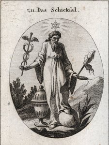 Allegori om skæbnen. En stjerne over den afgiver rapporter om astrologi om hændelser i menneskeliv. Han holder med den ene hånd et løvfældende symbol på sin magt og på den anden et cattailsymbol og en fiuseau, hvis knækkede tråd indikerer livets skrøbeligh af Austrian School