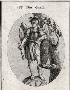 Allegori om gunst afledt af dyd symboliseret ved rustning og vinger, om lykke repræsenteret af hjulet og faren repræsenteret af skjoldet, hvorpå Arions eventyr er illustreret. Sceptret falder mod jorden er tegnet på Per-konger af Austrian School