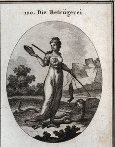 Allegori om bedrageri repræsenteret med et dobbelt hjerte og med en maske. Hun holder en fiskestang, der bed en fisk. Hendes ben ender i gribbeklør, og hun har en skorpionhale. Hans egenskab er en slange med et menneskeligt ansigt. Gravering i "" Iconologi af Austrian School