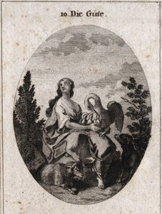 Allegori om godhed repræsenteret af en ædel og rigelig skønhed, der ser på himlen med kærlighed. Pelican symboliserer næstekærlighed, hundetroskab og lam, sødme. Indgravering i "" ikonologi eller ideer fra feltet af lidenskaber og allegorier billedligt rep af Austrian School