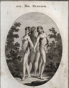 Allegori om nåde. De tre nådegaver: Euphrosine, der betyder hæderlighed og tilfredshed, Aglaya, der symboliserer imponerende skønhed og Thalia-glæde. Indgravering i "" ikonologi eller ideer fra feltet af lidenskaber og allegorier afbildet for Ze af Austrian School