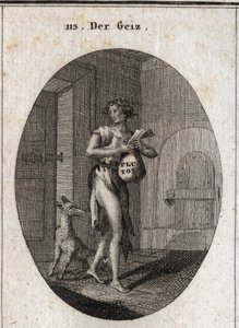 Allegori af grådighed afbildet i klude med en guldkæde, der tjener ham bæltet, som understreger, at besiddelse af ejendom gør hendes slave til det punkt, at hun nægter fornødenheder. På børsen er navnet Pluto, rigdommens gud i mytologien. Den le af Austrian School