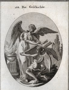 Allegori af historien. Hans handlinger med at lytte og skrive på en stor bog understøttet af tid betyder handlingen at blive informeret om at omskrive erindringen om tidligere ting. Gravering i "" Iconologie oder Ideen aus dem Gebiete der Leidenschaften un af Austrian School