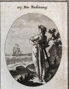 Allegori om håb hviler på et anker og observerer et skib i horisonten. Indgravering i "" ikonologi eller ideer fra feltet af lidenskaber og allegorier afbildet for tegnere, malere, digtere, lærde, undervisere og venner af højere historie af Austrian School