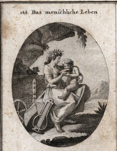Allegori om menneskeliv. Lyre og charue symboliserer fornøjelse og arbejde. Hun giver et barn en drink, der er afgørende for at leve. Indgravering i "" ikonologi eller ideer fra feltet af lidenskaber og allegorier afbildet for tegnere, malere, digtere, ge af Austrian School