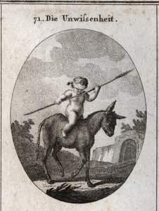 Allegori om uvidenhed repræsenteret af et barn, der rider på et æsel, hans øjne strimler med en rørstok (symboliserer den tomme hjerne). Indgravering i "" ikonologi eller ideer fra feltet af lidenskaber og allegorier afbildet for tegner, Mahler af Austrian School