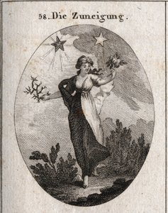Allegori om tilbøjelighed. Hun holder en buket roser og en buket torne og ser ubeslutsom ud i sit valg. Bag den er en lys og gavnlig stjerne (den af jupiter) og en mørk og skadelig stjerne (den fra Saturn). Gravering i "" Iconologie eller Ideen af Austrian School