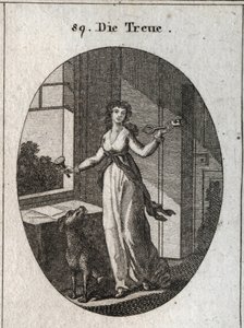Allegori om loyalitet, hvis symboler er nøglen, seglen og hunden. Indgravering i "" ikonologi eller ideer fra feltet af lidenskaber og allegorier afbildet for tegnere, malere, digtere, lærde, undervisere og venner af højere smag af Austrian School