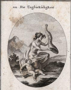 Allegori om ulykke repræsenteret mager og omfattende. Hendes egenskaber er et horn af overflod, som hun ryster og er tomt, og et barn, der går til grunde af sult. Gravering i "" Iconologie oder Ideen aus dem Gebiete der Leidenschaften und Allegorien bi af Austrian School