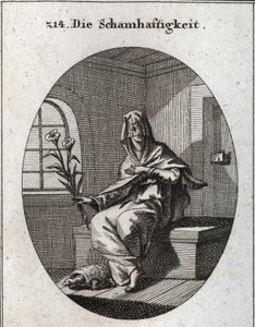 Allegori om beskedenhed. Dens symbol er en gren af liljer og en skildpadde, der betyder, at beskedne kvinder skal fjernes fra deres hjem. Hans ansigt er dækket af et slør. Gravering i "" Iconologie oder Ideen aus dem Gebiete der Leidenschaften und Allegori af Austrian School