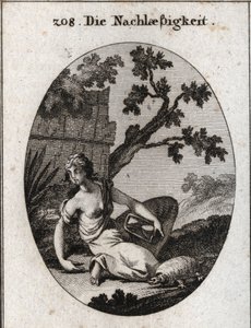 Allegori om uagtsomhed. Hun holder et ur med et væltet sand (timeglas). Skildpadden er emblem på langsomhed. Indgravering i "" ikonologi eller ideer fra området lidenskaber og allegorier afbildet for tegnere, malere, digtere, af Austrian School
