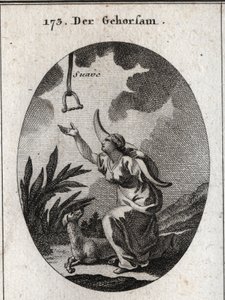 Allegori om lydighed. Hun holder et åg på sine skuldre og bevæger sig fremad for at modtage en bremse, der falder ned fra den åbne himmel, hvor ordet "blødt"" læses. Hunden er hans egenskab. Gravering i "" Iconologie oder Ideen aus dem Gebiete der Leidensc af Austrian School