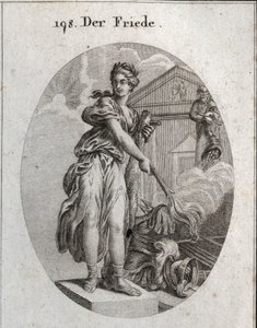 Allegori om fred. Hun bærer en krans af oliventræer og holder en kølle, mens hun brænder en trofee af våben med en fakkel. Bag den betyder statuen af Plutus, at overflod og rigdom er dens fordele. Gravering i "" Iconologie oder Ideen aus dem Gebiete af Austrian School