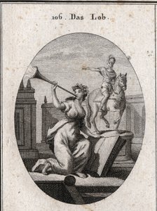 Allegori om lovprisning ved at holde en bog for at vise, at den passerer eftertiden gennem hjælp fra skrifterne. Det lyder en trompet, hvorfra genskinnet af rename kommer ud. Rytterstatuen er der til ros for helte. Gravering i "" Iconologie oder Ideen a af Austrian School