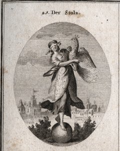 Allegori om stolthed repræsenteret af en ung pige med bind for øjnene placeret på et kugleemblem af hendes lille solidit. Påfuglen symboliserer den fantastiske ånd. Det rige tøj dækker hendes fattige tøj for at vise det udendørs. Gravering i "" Iconologie  af Austrian School