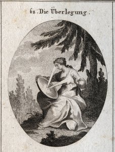 Allegori af refleksion. En lysstråle starter fra hans hjerte rammer spejlet på hans knæ og reflekterer lyset på hans pande. Indgravering i "" ikonologi eller ideer fra området lidenskaber og allegorier afbildet for tegner, M af Austrian School