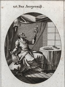 Allegori om skandale. Han holder med den ene hånd en flaske og på den anden et portræt af en ung kvinde og nær et bord, hvor der spilles kort og spil. Gravering i "" Iconologie oder Ideen aus dem Gebiete der Leidenschaften und Allegorien bildich dargest af Austrian School