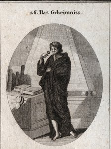 Allegori om hemmelighed dækket i sort for at begrave de hemmeligheder, der er betroet ham i glemsel. Han har et pandebånd på munden, som han tilføjer et stempel til. Indgravering i "" ikonologi eller ideer fra feltet af lidenskaber og allegorier afbildet f af Austrian School