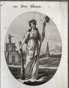 Allegori om pragt. Klubben, som den er afhængig af, er symbolet på dyder. Kæden og guldmedaljen er belønningen. Lysfakkelen er let til smukke gerninger. Gravering i "" Iconologie oder Ideen aus dem Gebiete der Leidenschaften und Allegorien bi af Austrian School