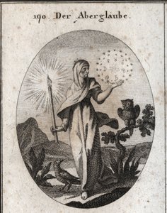 Allegori om overtro. Hun holder et stearinlys og en cirkel af stjerner, der omgiver tegnene på de syv planeter, som hun anser for at være ængstelige. Dens egenskaber er uglen og kragen. Gravering i "" Iconologie oder Ideen aus dem Gebiete der Lei af Austrian School