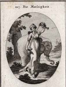 Allegori om afholdenhed. Dens egenskaber er vand- og vinblandinger sammen, såvel som at elefanten, dyret altid spiser den samme mængde mad uden overskud. Gravering i "" Iconologie oder Ideen aus dem Gebiete der Leidenschaften und Allegorien bildic af Austrian School